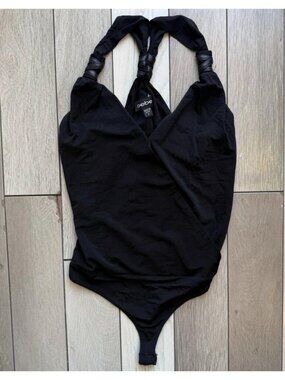 Bebe Y2K Solid Black Faux Leather Strap V Neck Tank Bodysuit Small